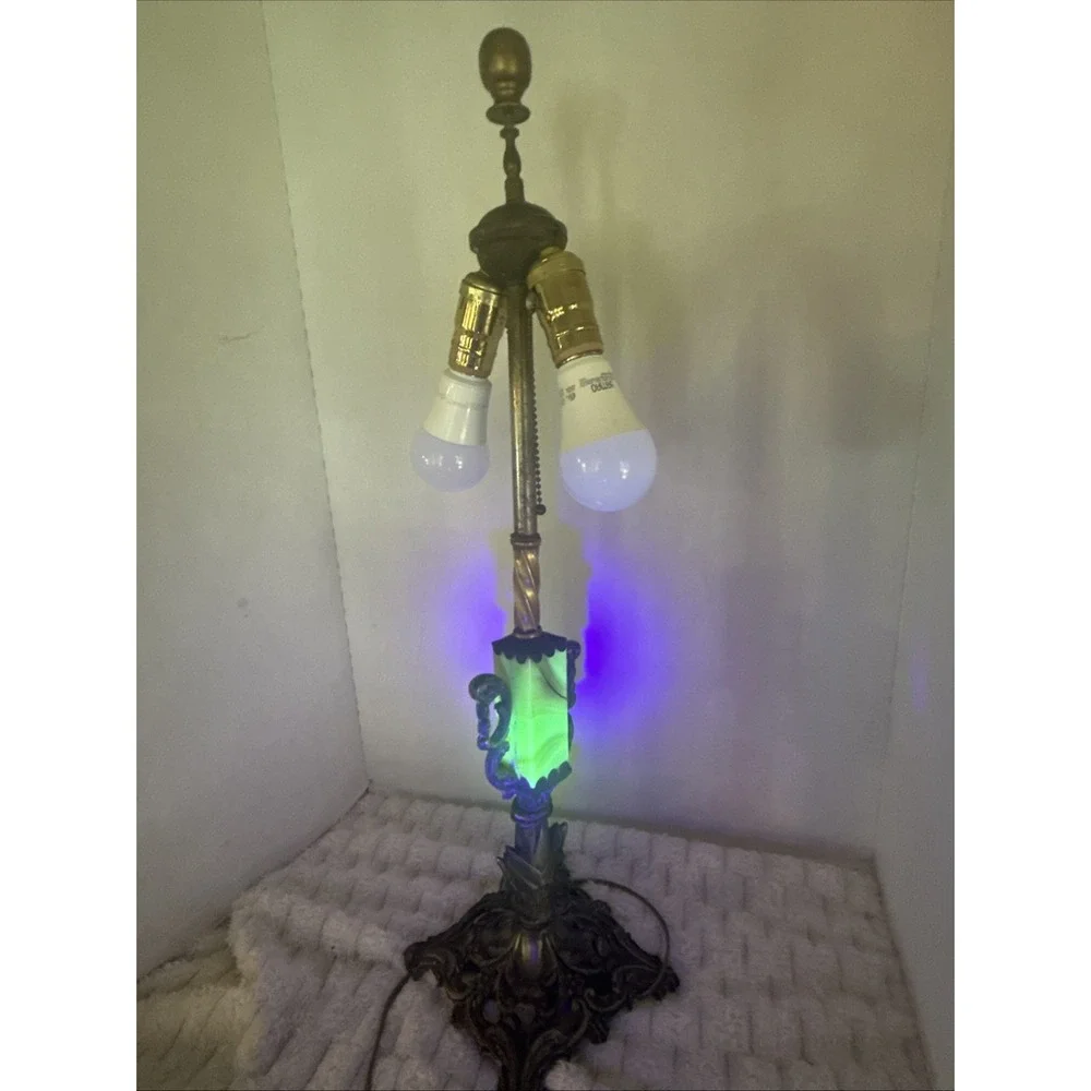 Antique Art Deco Double Socket Slag Glass Table Lamp Akro Agate Custard Uranium